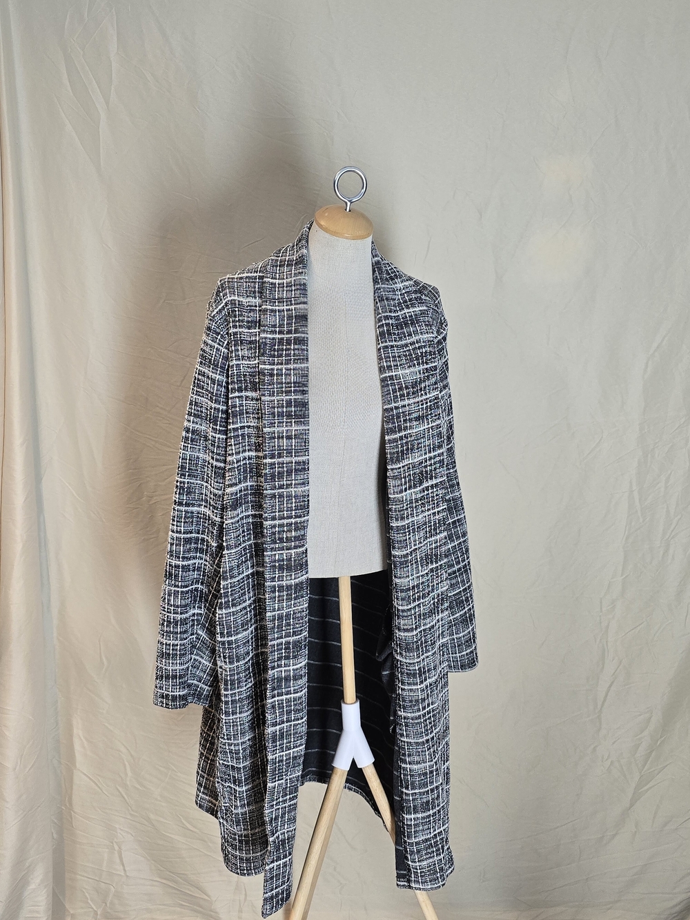 Zara Black & White Plaid Open-Front Long Coatigan